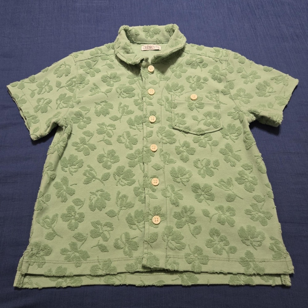 Crewcuts Shirt Girls 4T Green Terry Floral Short Sleeve Button Up Summer